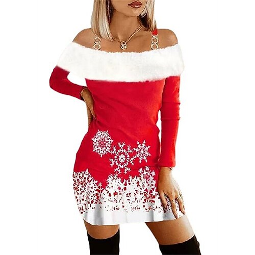 

Women's Christmas Casual Dress Sheath Dress Mini Dress Red Long Sleeve Snowflake Print Winter Fall Off Shoulder Stylish Romantic 2022 S M L XL 2XL / Cotton