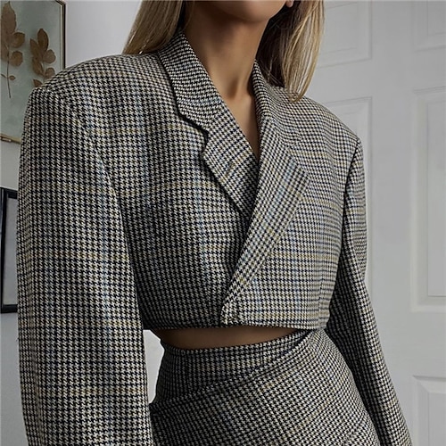 

Women's Blazer Warm Breathable Outdoor Office Work Wear to work Pocket Print Pullover Turndown OL Style Chic & Modern Elegant Modern Plaid Regular Fit Outerwear Long Sleeve Winter Fall Gray S M L