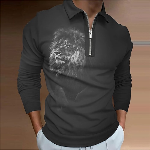

Men's Collar Polo Shirt Golf Shirt Animal Lion Turndown Brown Gray 3D Print Street Casual Long Sleeve Zipper Print Clothing Apparel Fashion Designer Casual Breathable