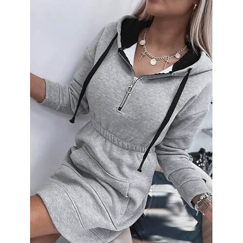 

Women's Hoodie Dress Winter Dress Grey Long Sleeve Pure Color Zipper Pocket Winter Fall Hooded Stylish Casual Modern Fall Dress 2022 S M L XL 2XL
