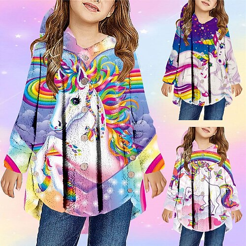 

Kids Girls' Unicorn Fleece Jacket Long Sleeve Blue Purple Pink Animal Unicorn Button Winter Fall Cute Casual 2-12 Years