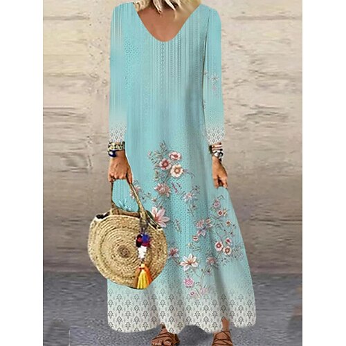 

Women's Casual Dress Shift Dress Long Dress Maxi Dress Dusty Blue Light Blue Long Sleeve Floral Print Winter Fall Autumn V Neck Winter Dress Weekend Fall Dress 2022 XS S M L XL 2XL 3XL 4XL 5XL 6XL