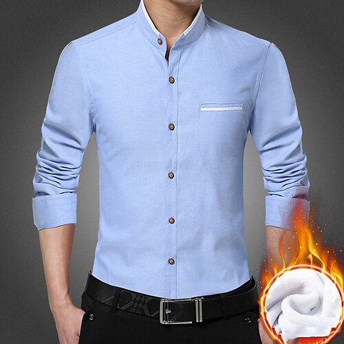 

Men's Dress Shirt Fleece Shirt Solid Color Standing Collar Blue Light Blue Gray White Work Daily Long Sleeve Button-Down Warm Clothing Apparel Fleece Streetwear Simple Casual