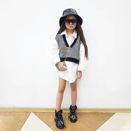 

Kids Girls' Clothing Set 2 Pieces Long Sleeve White Plaid Vacation Active Fashion 2-6 Years