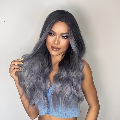 

20 Inch Synthetic Wig Women's Wig Black Gradient Blue Gray Long Wave Hair without Bangs Fashion Elegant Daily Natural