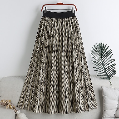 

Women's A Line Midi Knit Camel Black Skirts Fall & Winter Pleated Knitting Long Vintage Fashion Daily Holiday S M L