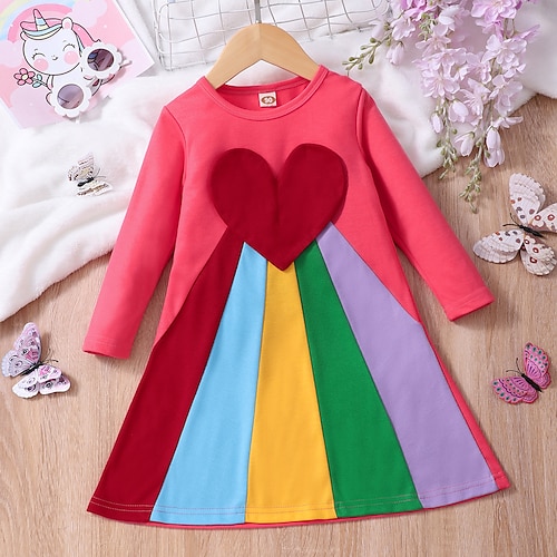 

Kids Girls' Rainbow Dress Color Block T Shirt Dress Tee Dress Outdoor Patchwork Crewneck Red Black Long Sleeve Adorable Daily Dresses Winter Fall Regular Fit 3-7 Years