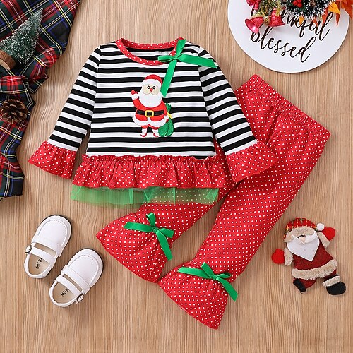 

2 Pieces Toddler Girls' Ugly Christmas Polka Dot Pants Suit Set Long Sleeve Fashion Christmas Gifts Cotton 3-7 Years Winter Red