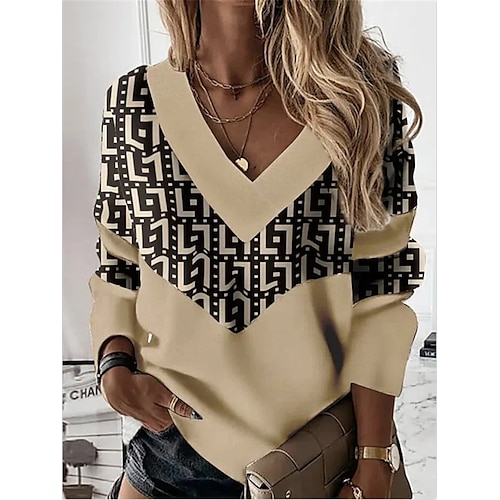

Women's Sweatshirt Blue Brown White V Neck Geometric Patchwork Print Casual Daily 3D Print Sportswear Casual Spring Fall & Winter Clothing Apparel Hoodies Sweatshirts Loose Fit