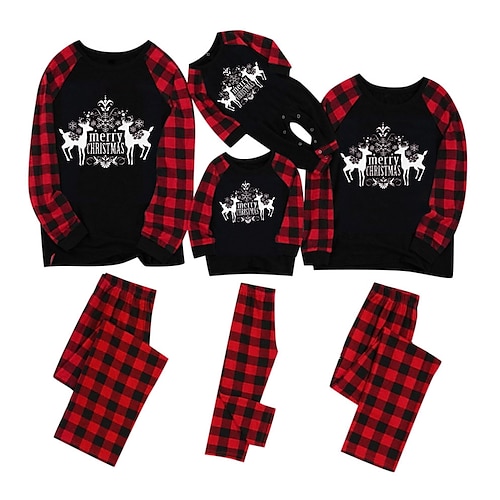 

Christmas Pajamas Ugly Family Plaid Elk Christmas Tree Home Black Long Sleeve Mom Dad and Me Basic Matching Outfits