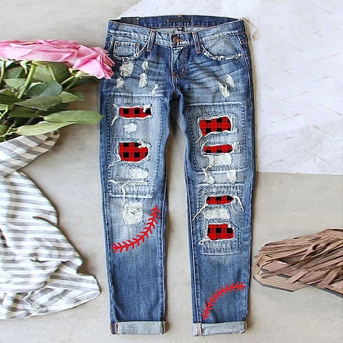 

Women's Jeans Distressed Jeans Denim Blue Fashion Christmas Christmas Street Casual Baggy Ripped Micro-elastic Full Length Comfort Plaid S M L XL XXL / Print