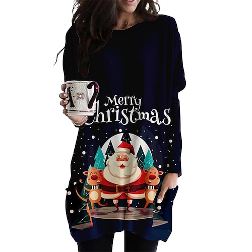 

Women's Christmas Casual Dress Shift Dress Short Mini Dress Green Blue Black Long Sleeve Tree Print hat Print Fall Winter Crew Neck Party Casual 2022 XS S M L XL 2XL 3XL 4XL