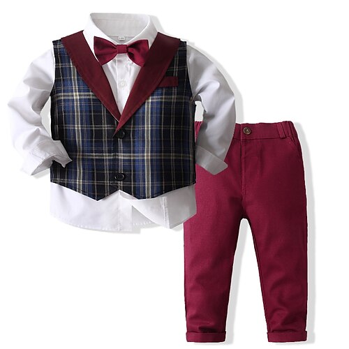 

3 Pieces Toddler Boys Shirt & Pants Clothing Set Outfit Solid Color Long Sleeve Cotton Set Outdoor Fashion Daily Winter Fall 3-7 Years Red