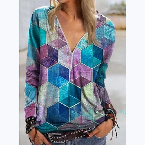 

Women's Blouse Green Blue Red Geometric Quarter Zip Long Sleeve Holiday Going out Casual V Neck Regular S