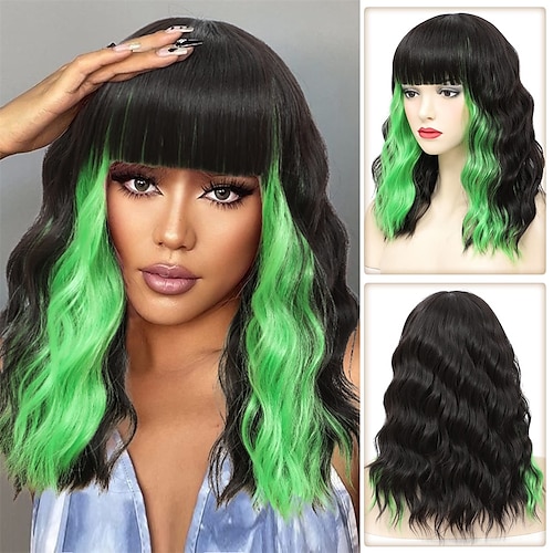 

Black Wavy Bob Wig with Green Highlight Short Wavy Wig with Bangs Highlight Bob Wig Black and Green Synthetic Wig for Women Christmas Party Wigs Use