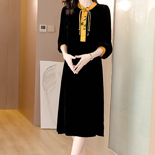 

Women's Velvet Dress Midi Dress Black Long Sleeve Pure Color Patchwork Winter Fall Autumn Crew Neck Modern Winter Dress Fall Dress Loose Fit 2022 M L XL XXL 3XL 4XL