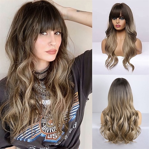 

Ombre Blonde Wig with Bangs Dark Blonde Wig Long Wavy Wigs for Women Synthetic Wavy Dark Blonde Wigs Heat Resistant Hair Long Dark Blonde Wigs for Daily Party ChristmasPartyWigs