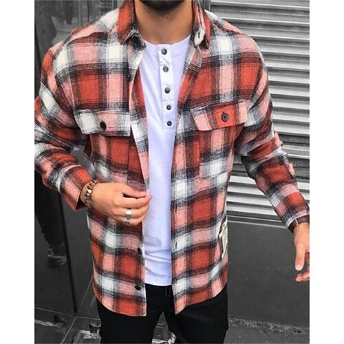 

Men's Coat With Pockets Daily Wear Vacation Going out Single Breasted Turndown Streetwear Casual Daily Outdoor Jacket Outerwear Plaid Print Red