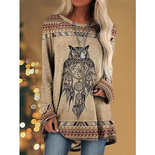 

Women's T shirt Tee Tunic Owl 1 feather Owl 2 Graphic Animal Animal Patterned Animal Pattern Long Sleeve Casual Daily Vintage Retro Basic Round Neck Spring & Fall Fall & Winter