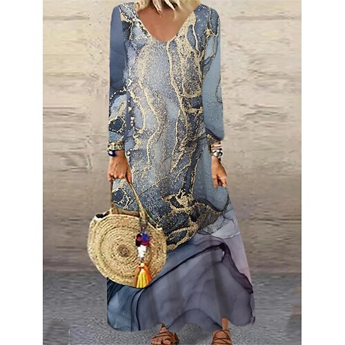 

Women's Casual Dress Shift Dress Long Dress Maxi Dress Dusty Blue Long Sleeve Print Winter Fall Autumn V Neck Winter Dress Weekend Fall Dress 2022 XS S M L XL 2XL 3XL 4XL 5XL 6XL