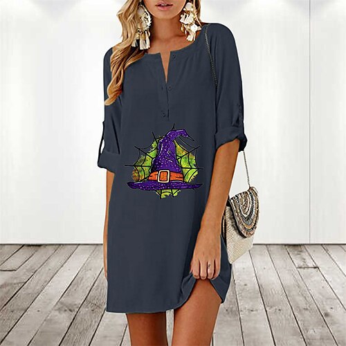 

Women's Casual Dress Linen Dress Shift Dress Mini Dress Black Navy Blue Grey 3/4 Length Sleeve Print Winter Fall Autumn Crew Neck Loose Fit 2022 S M L XL 2XL