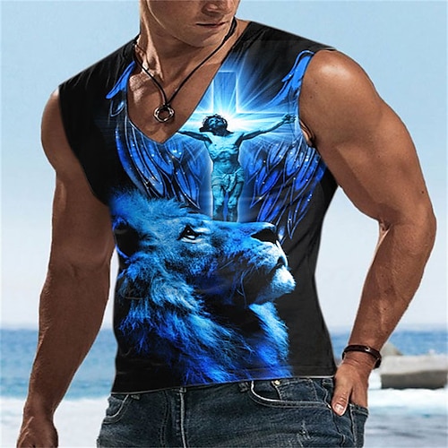 

Men's Undershirt Lion Templar Cross Graphic Prints V Neck Blue Yellow Red Brown 3D Print Street Daily Sleeveless Print Clothing Apparel Basic Casual Classic Big and Tall