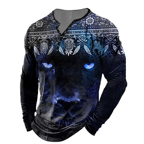 

Men's Henley Shirt T shirt Tee Tee Graphic Animal Henley Blue 3D Print Outdoor Daily Long Sleeve Button-Down Print Clothing Apparel Basic Designer Classic Comfortable