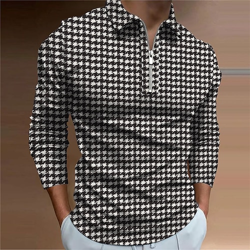 

Men's Collar Polo Shirt Golf Shirt Houndstooth Turndown Green Black 3D Print Street Casual Long Sleeve Zipper Print Clothing Apparel Fashion Designer Casual Breathable