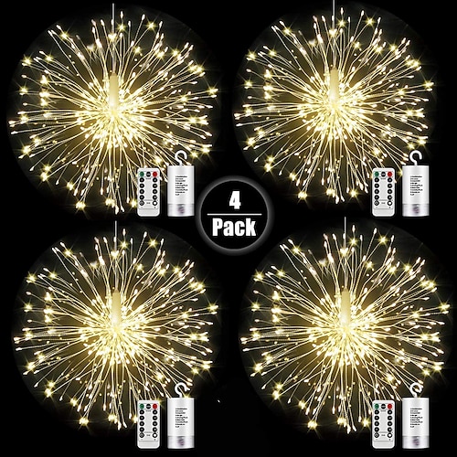 

4 Pack Firework Lights Christmas Lights Decorations Starburst LED Copper Wire String Lights 8 Modes Battery Operated Fairy Lights with Remote Wedding Christmas Decorative Hanging Lights for Party Patio Garden Decoration120/200Led