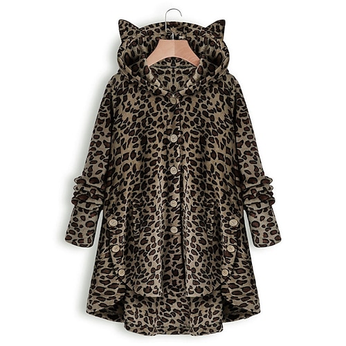 

Women's Plus Size Fleece Jacket Teddy Coat Button Pocket Leopard Outdoor Causal Long Sleeve Hooded Regular Winter Fall Dark Brown Beige L XL XXL 3XL 4XL