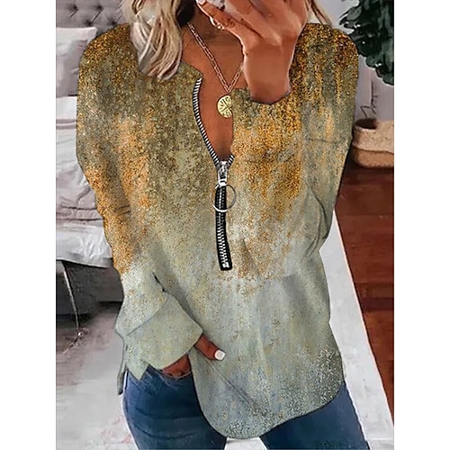 

Women's Plus Size Tops Pullover Sweatshirt Floral Color Gradient Zipper Print Long Sleeve Round Neck Casual Daily Vacation Polyester Fall Winter Blue Yellow