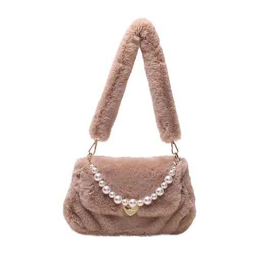 

Women's Fluffy Bag Plush Bag Shoulder Bag Zipper Solid Color Party / Evening Going out Pink Khaki Brown White