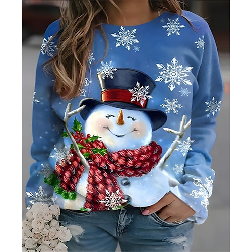 

Women's Plus Size Christmas Tops T shirt Tee Cartoon Snowman Print Long Sleeve Crew Neck Casual Festival Daily Polyester Winter Fall Blue LightBlue