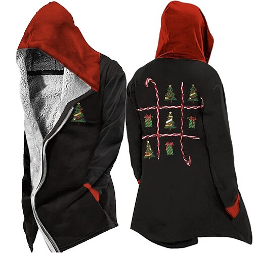 

Men's Jacket Fleece Lining With Pockets Christmas Daily Wear Vacation Zipper Hoodie Streetwear Casual Comfort Jacket Outerwear Christmas Tree Front Pocket Fleece Print Red