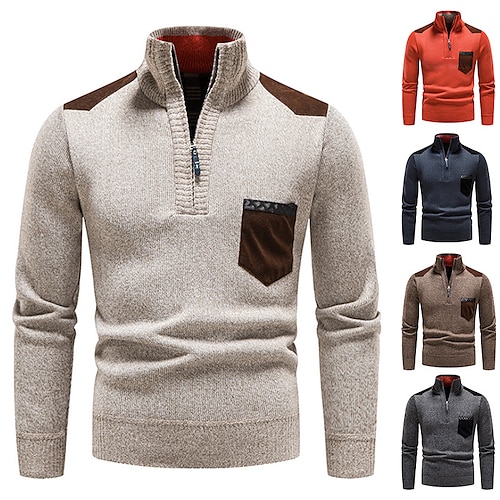 

Herre Pullover trøje Fleece sweater Rillet Strikke Lynlås Strikket Farveblok Halv lynlås Basale Hold Varm Arbejde Dagligdagstøj Tøj Efterår vinter Blå Rød M L XL