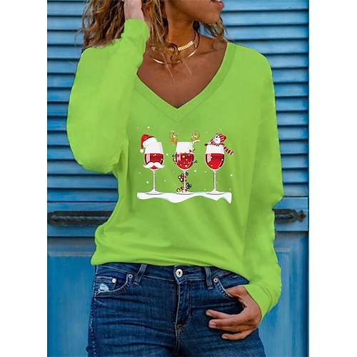 

Women's T shirt Tee Green Black Red Geometric Patchwork Print Long Sleeve Christmas Casual Basic Christmas V Neck Regular Geometric S