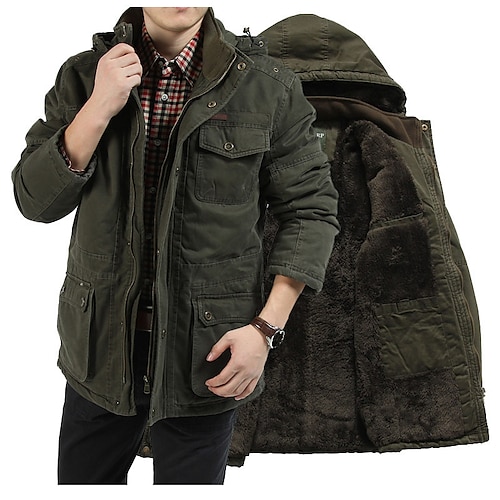 

Men's Winter Jacket Sherpa jacket Winter Coat Durable Daily Wear Vacation To-Go Zipper Hooded Warm Ups Comfort Leisure Jacket Outerwear Solid / Plain Color Pocket khaki Army Green Blue Black