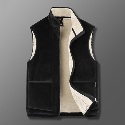 

Men's Sherpa jacket Vest Fleece Vest Warm Daily Wear Going out Festival Zipper Standing Collar Basic Sport Casual Jacket Outerwear Solid Colored Zipper Pocket Ash Black