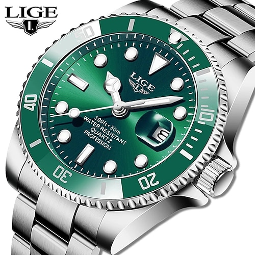 

LIGE Steel Band Watches for Men's Analog Quartz Day Stainless Top Brand Luxury Fashion Diver Watch Men 30ATM Waterproof Date Clock Sport Watches Mens Quartz Wristwatch