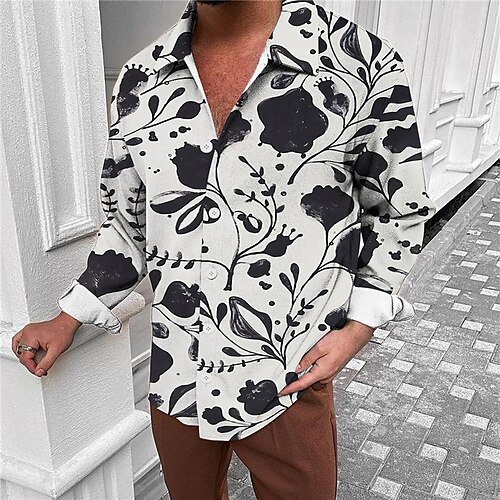 

Men's Shirt Floral Graphic Prints Turndown Gray 3D Print Outdoor Street Long Sleeve Button-Down Print Clothing Apparel Fashion Designer Casual Breathable