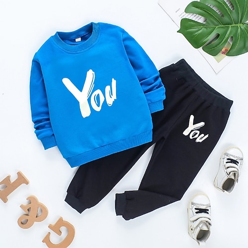 

2 Pieces Toddler Boys Sweatshirt & Pants Outfit Letter Long Sleeve Cotton Set Outdoor Fashion Daily Winter Fall 3-7 Years Light Blue Brown Navy Blue