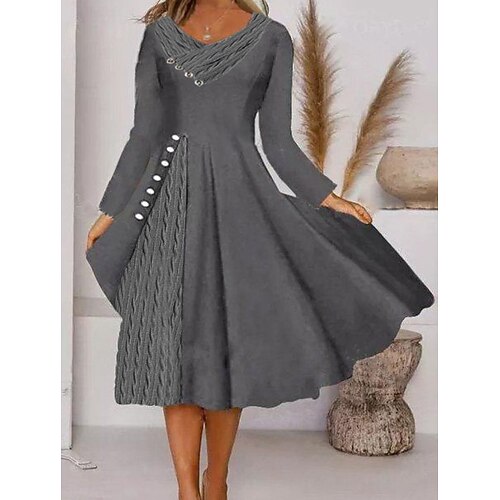 

Women's Sweater Dress Winter Dress Swing Dress Midi Dress Dark Gray Long Sleeve Pure Color Ruched Button Winter Fall V Neck Stylish Modern 2022 S M L XL XXL 3XL Winter Dress