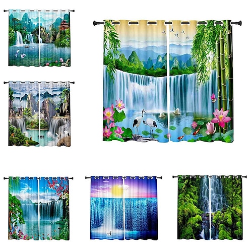 

3D Print Blackout Curtain Feather Print Curtain Drapes for Living Room Thermal Insulated Grommet Window Curtains for Bedroom Waterfall Natural Scenery