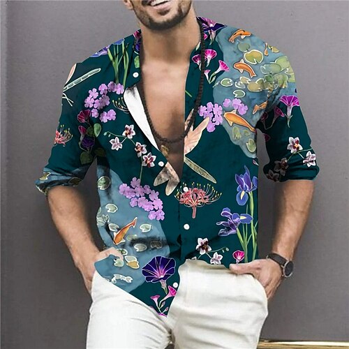 

Men's Shirt Floral Bird Stand Collar Navy Blue 3D Print Outdoor Street Long Sleeve Button-Down Print Clothing Apparel Fashion Designer Casual Breathable