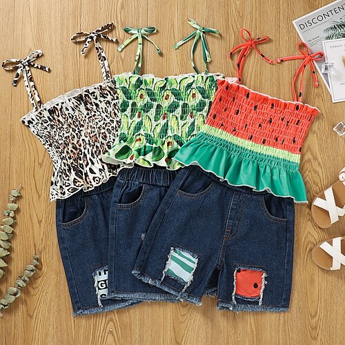 

Kids Toddler Girls' Tank Shorts Clothing Set 2 Pieces Sleeveless Multi color Green Red Leopard Fruit Patchwork Ruched Bow Outdoor Street Style Sweet Regular Above Knee 2-6 Years