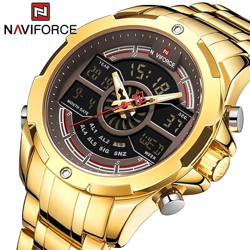 

NAVIFORCE Men Watch Quartz Digital Dual Dial Male Clock Military Sport Stainless Steel Top Brand Luxury Gold Man Wristwatch 9170