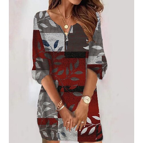 

Women's Casual Dress Red Gray Long Sleeve Plaid Zipper Print Fall Crew Neck Casual Modern Fall Dress 2022 S M L XL 2XL 3XL 4XL 5XL 6XL / Winter Dress