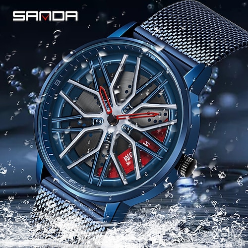 

SANDA New Sports Watch Men Top Brand Luxury Stainless Steel Car Wheel Dial Waterproof Male Clock 1107