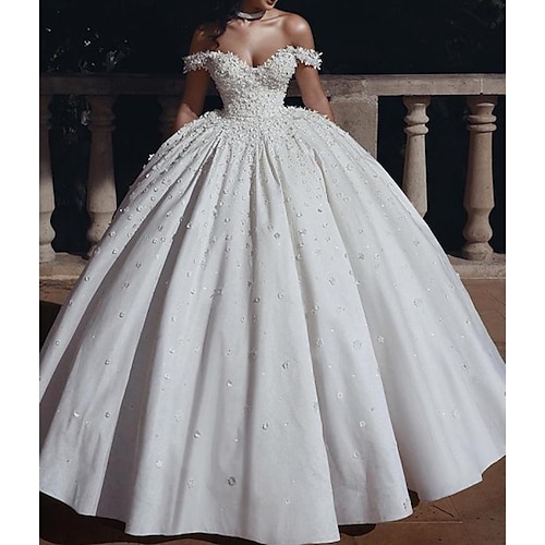 

Ball Gown Wedding Dresses Off Shoulder Floor Length Satin Lace Sleeveless Formal Sexy with Crystals Appliques 2022