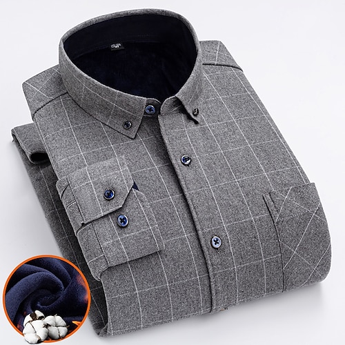 

Men's Fleece Shirt Shirt Dress Shirt Plaid Striped Turndown Blue Khaki Royal Blue Navy Blue Gray 3D Print Outdoor Work Long Sleeve Button-Down Clothing Apparel Cotton Business Breathable Comfortable